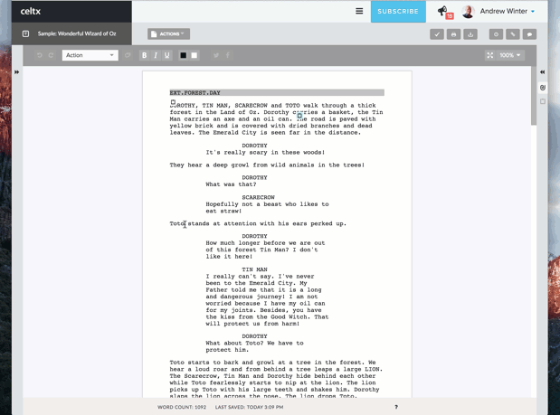 celtx script format settings